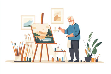 Elderly male artist painting landscape in home studio, flat illustration on white background. senior activities, hobby, retirement leisure.