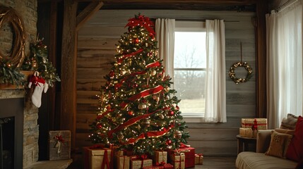 Festive Christmas tree decorated with glowing lights and ornaments in a cozy living room, with gifts underneath, copy space