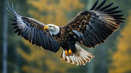 Fototapeta premium A majestic eagle soaring through the air, showcasing its powerful wings and striking features.