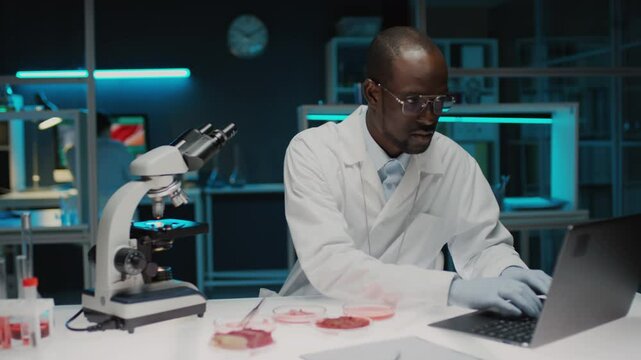 Black male food scientist in gloves and lab coat examining sample of cultured meat under microscope and typing on laptop while working in laboratory