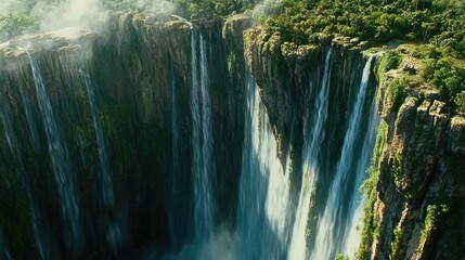 Majestic waterfall cascading into lush greenery
