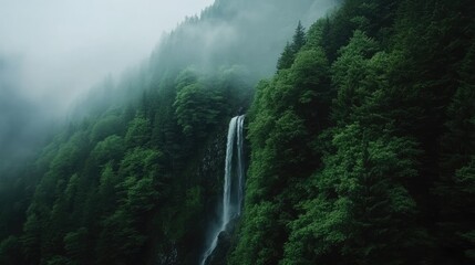Serene Waterfall Amidst Lush Green Forest