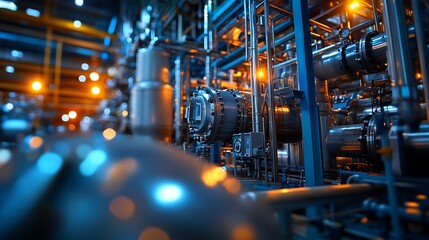 Fototapeta premium A close-up of hydrogen storage tanks at an industrial site, with pipelines running across the plant, representing large-scale hydrogen energy production.
