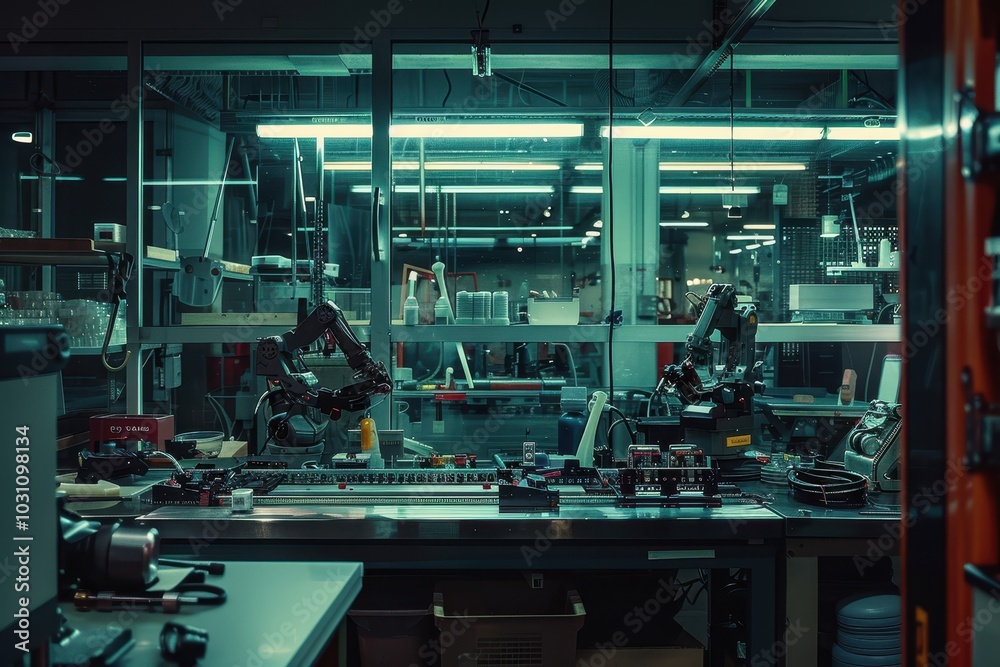 Poster robotic arms assembling wooden materials in an automated workshop with natural light streaming throu