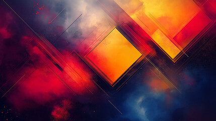 A colorful abstract painting with red, yellow, and blue splatters. The painting has a chaotic and energetic feel to it, with the colors blending