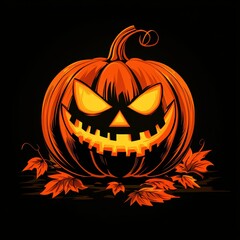 Fototapeta premium Spooky Halloween pumpkin with a mischievous grin, accented by autumn leaves, set against a dark background.