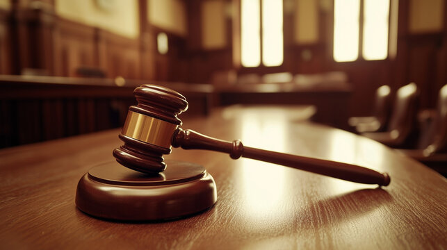 Na biurku sędziego w sali sądowej spoczywa młotek, kt&oacute;ry stanowi kluczowy element wymiaru sprawiedliwości.