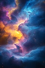 Fototapeta premium A cosmic nebula, swirling with vibrant hues of blue, purple, and orange, creates a breathtaking spectacle against a backdrop of twinkling stars.