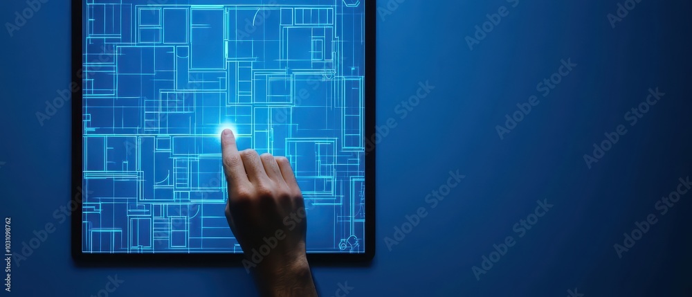 Poster user interacting with a digital interface displaying blueprints on a touchscreen tablet.