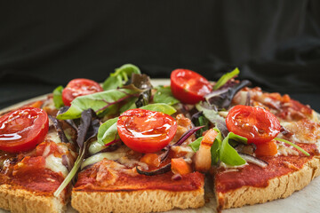 Side view of a bruschetta topped with crispy pancetta and fresh greens, highlighting the golden bread and rich toppings. Perfect for Italian cuisine promotions, restaurant menus, or food blogs...
