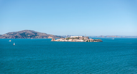 Aerial View of Alcatraz Island and Marin Headlands in San Francisco Bay