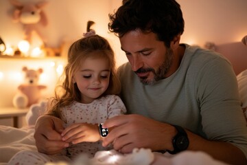 Father and daughter share a bedtime story, surrounded by warm lights, evoking a cozy atmosphere and promoting bedtime bonding through storytelling and imagination.