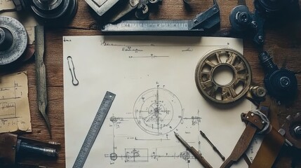 Vintage Workshop Tools and Technical Drawings Display
