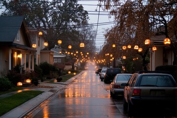 Obraz premium A serene urban street is beautifully adorned with hanging Halloween pumpkin lights on a rainy evening, cars lined up, creating a warm, festive ambiance.