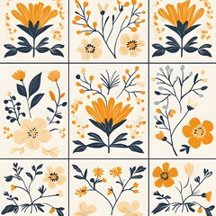A seamless pattern featuring a repeating design of various floral elements in shades of yellow, orange, and blue.