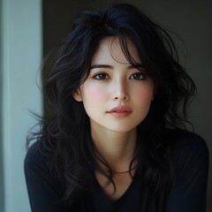 Naklejka premium A young Asian woman with long black hair looks directly at the camera with a neutral expression.