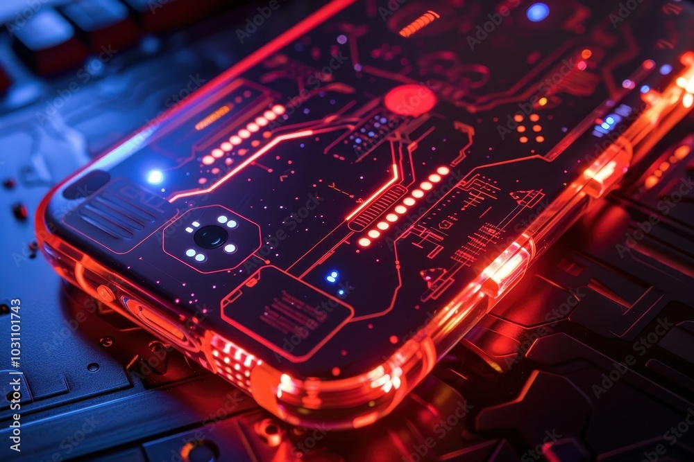 Aufkleber A futuristic smartphone with vibrant LED lights showcasing a circuit board design on a desk cluttered with tech gadgets at night