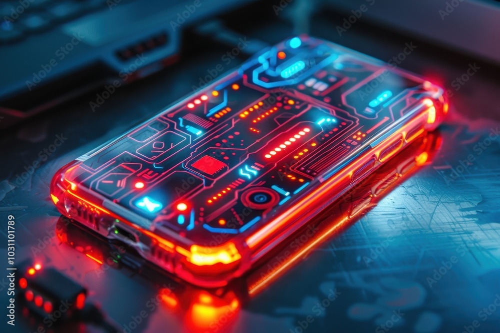 Aufkleber a futuristic smartphone with vibrant led lights showcasing a circuit board design on a desk cluttere
