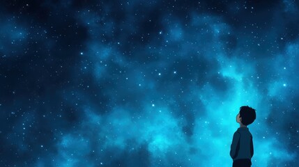 Obraz premium A young boy gazes at a vast, starry night sky, filled with wonder and curiosity, AI