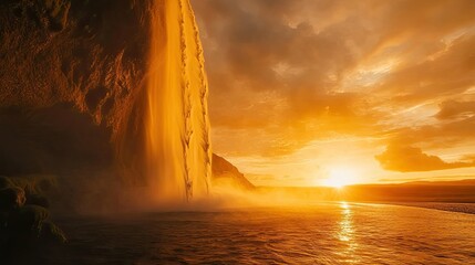 A majestic waterfall cascades down a cliff face, its water illuminated by the golden rays of a setting sun, creating a breathtaking scene.