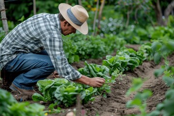 A farmer tending to his vegetable garden in the countryside, nurturing fresh produce under a clear sky during the day in springtime