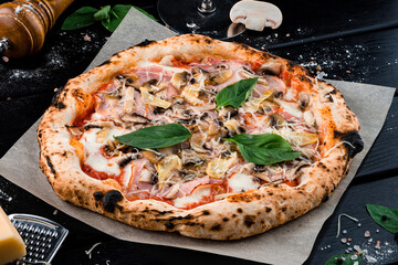 Italian pizza with chicken ham, cheese parmesan, mozzarella, champignon mushrooms, tomato sauce, fried onion and spinach from oven.