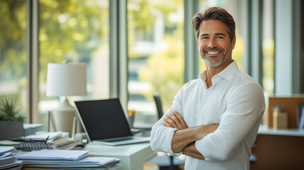 Fototapeta premium A successful businessman in his mid-40s, standing by his desk in a modern office