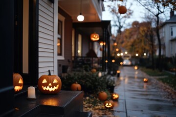 Obraz premium A sidewalk lit by carved pumpkins and lights on a rainy Halloween night, exuding an enchanting blend of warmth and spookiness amidst the autumn rain.