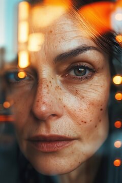 Gesicht einer Frau im mittleren Alter, die durch ein Fenster schaut und im Fenster spiegelt sich die Au&szlig;enwelt mit abendlichen Lichtern einer Stadt 