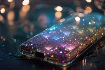 A sparkling phone case with colorful glitter placed on a light surface, showcasing its vibrant design and shiny texture