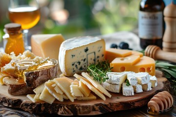 A gourmet cheese platter featuring various artisanal cheeses, fruits, and crackers arranged on a rustic wooden board for an elegant wine-tasting event