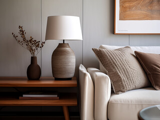 Modern minimalist interior closeup of textured lampshade in neutral color. Statement lighting. Rustic and ambient lighting.
