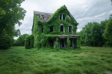 Fototapeta premium Abandoned Barn Overtaken by Wild Vines and Plants