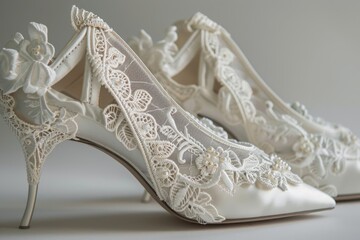 Obraz premium Elegant pink high-heeled shoe adorned with floral embroidery, designed for special occasions, showcasing intricate detailing and a stylish silhouette from a side perspective