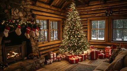 Fototapeta premium Festive Christmas tree decorated with glowing lights and ornaments in a cozy living room, with gifts underneath, copy space —ar 16:9
