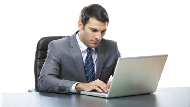 Businessman working on laptop in modern office environment, isolated on transparent or white background.