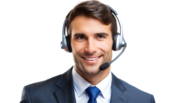 Smiling businessman with headset, professional call center agent. Isolated on transparent or white background.