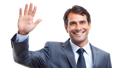 Smiling businessman waving, isolated on transparent or white background.