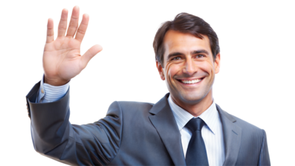 Smiling businessman waving, isolated on transparent or white background.