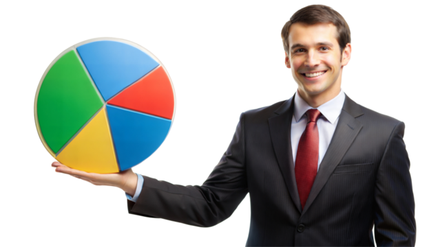 Businessman presenting a colorful pie chart, isolated on transparent or white background.