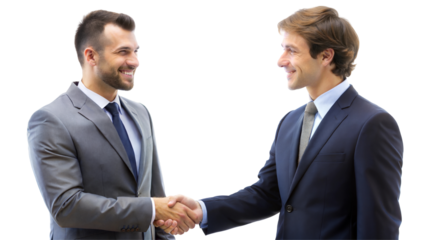 Two men in suits shaking hands on isolated on transparent or white background..