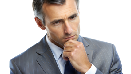 Thoughtful businessman in a suit, pondering a decision, isolated on transparent or white background.