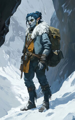 Naklejka premium Adventurous Elf Embarking on an Epic Journey in a Beautiful Winter Landscape Setting