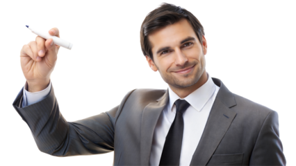Confident businessman holding a pen, smiling, isolated on transparent or white background.