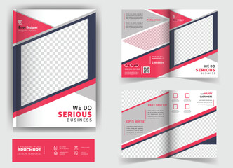 Corporate business or creative Portfolio editable 4-page bi-fold Brochure design template or annual report. Multipurpose universal template, including cover, 4 pages. Trendy red or colorful design.