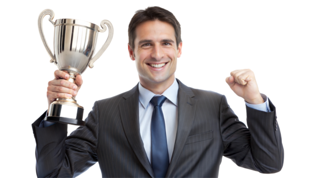 Successful businessman celebrating victory with trophy and raised fist. Isolated on transparent or white background.