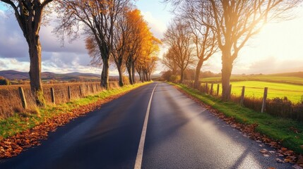 Fototapeta premium A scenic country road lined with autumn trees glows under the golden sunlight, AI