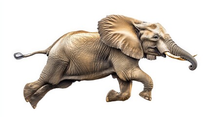 Fototapeta premium Majestic African Elephant in Flight - Hyperealistic Studio Photography on White Background with High Contrast and Lighting