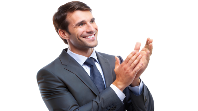 Smiling businessman clapping, promoting positivity and teamwork, isolated on transparent or white background.