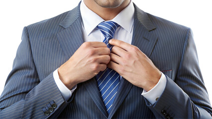 Professional man adjusting tie, isolated on transparent or white background.